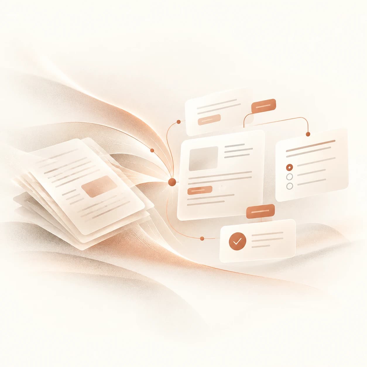 Illustration of a stack of course documents flowing into tagged content cards, a quiz and an approved checkmark.