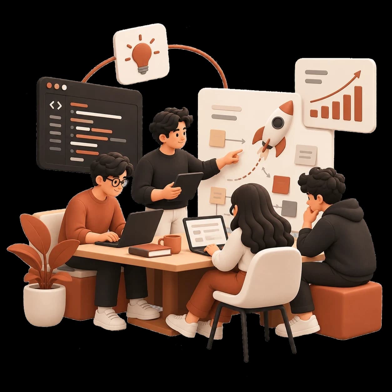 Illustration of a small team collaborating around a table, with code on one screen and a rocket launch plan on the board.